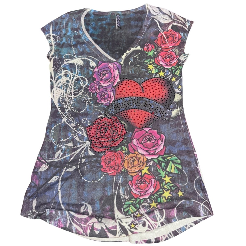 Vintage 1990s Y2K Tattoo Art‎ Rhinestone Heart Rose Cap Sleeve Top USA Wmns Med